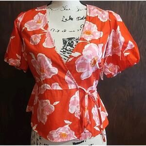 Cottagecore peplum Floral Puff-Sleeve Tie-Wrap Blouse XS Resort top Blouse